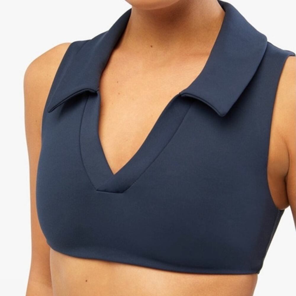 NWT WeWoreWhat Polo Bra Top Women's Size L Navy Blue Collar Revolve V-Neck Shirt